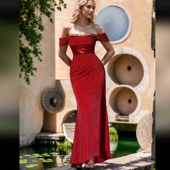 Dresses & Skirts - Elegant Red Off-Shoulder Evening Dress